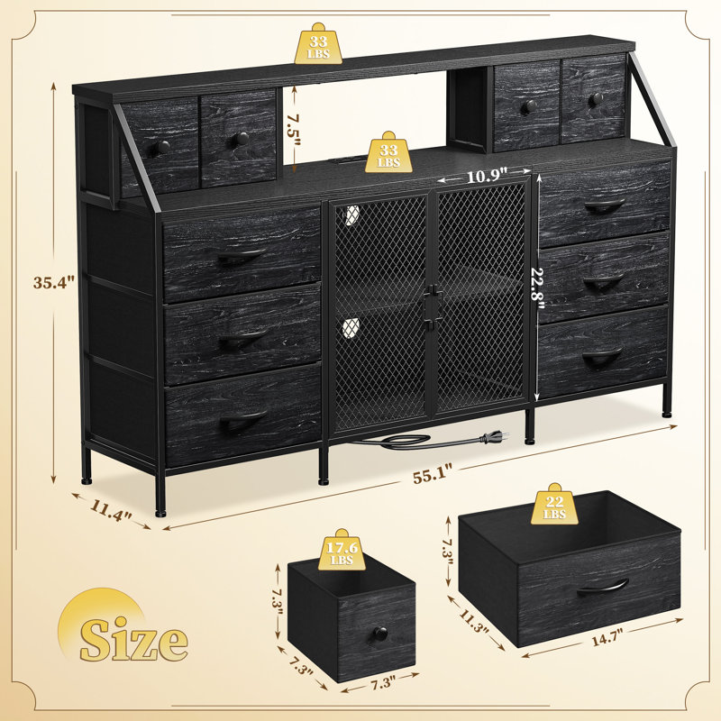 55"W 10 Drawer Dresser For Bedroom With Mesh Door, Led Light & Power Outlets, Black
