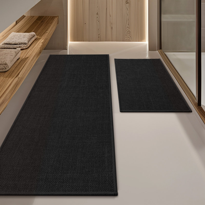 2 Piece Linen-Look Bath Rug Set with Non-Slip Backing, Black