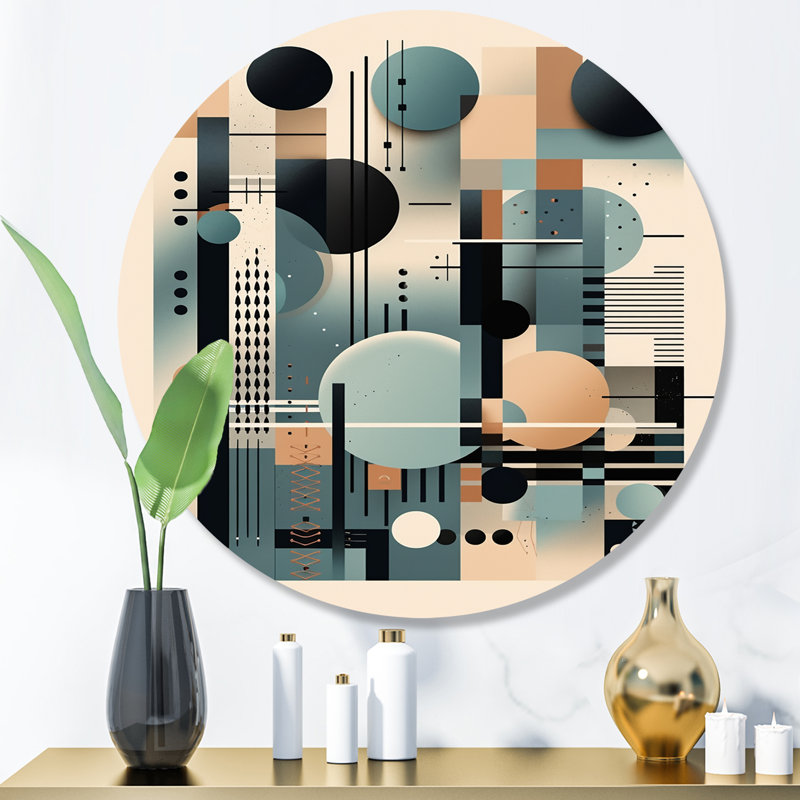 «Blue and Black Symmetry In Motion II», art mural rond géométrique abstrait sur métal, H 23 po x l 23 po x P 1 po