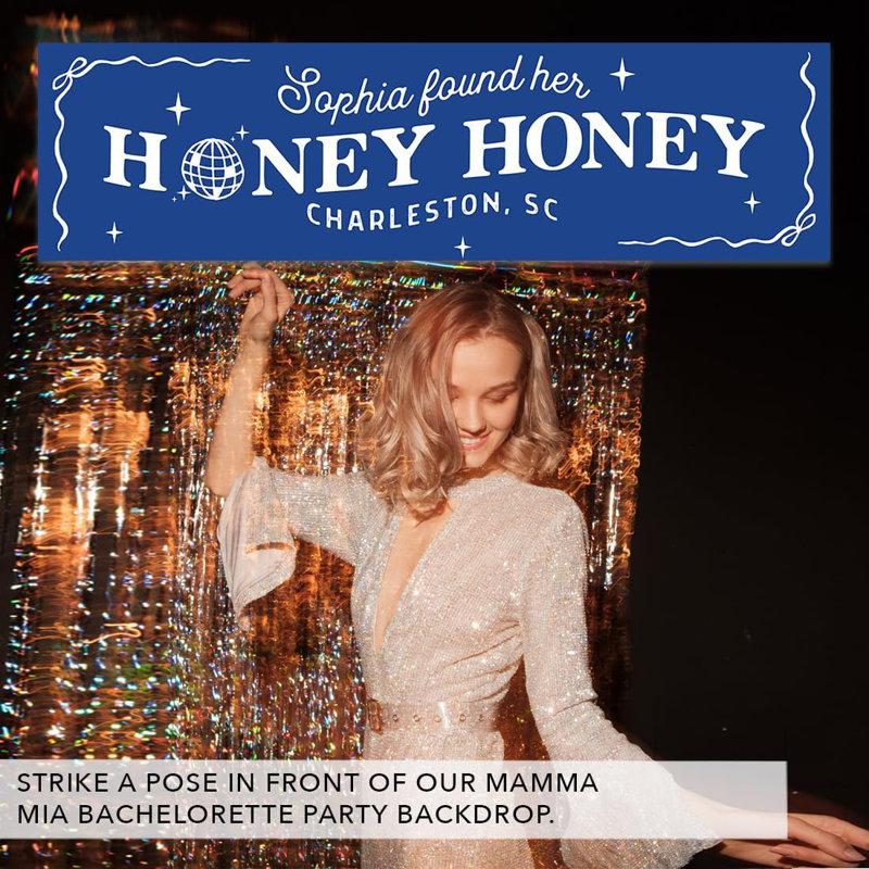 Bannière personnalisée de Bachelorette Mamma Mia, elle a trouvé son miel miel bleu, disco dansant les reines, toile de fond de fête, décor personnalisé