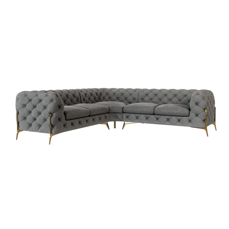 L-shape Corner Chesterfield Sofa  with Gold Metal Legs, Grey