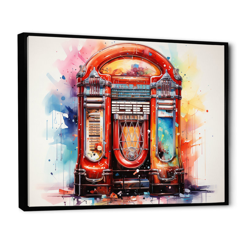 Jukeboxe Retro Resonance Pointillism I - Music Canvas Prints, Cadre flottant noir, H 16 po x l 32 po x P 1 po