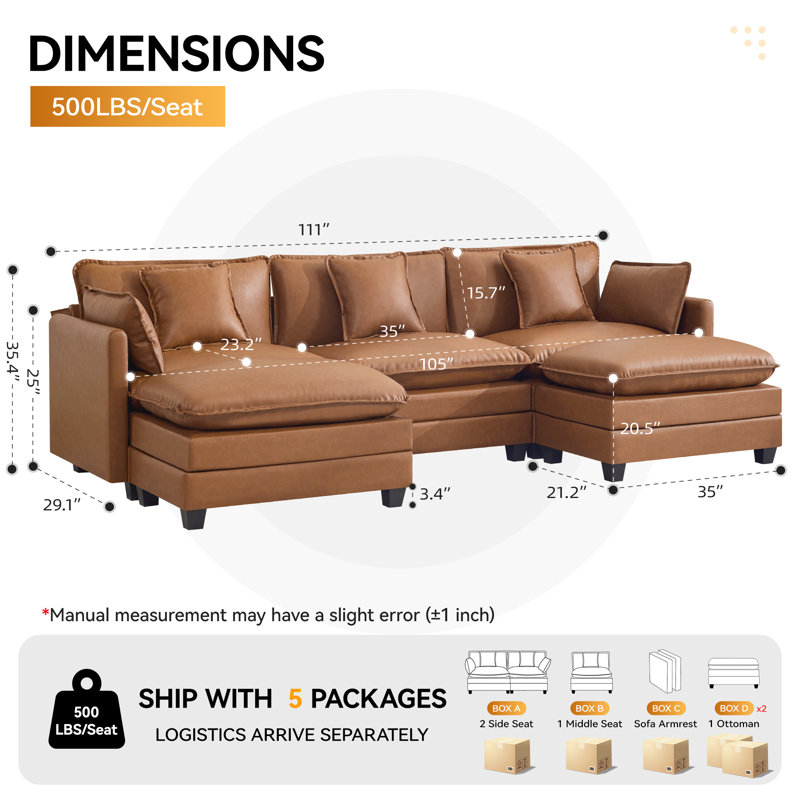 Canapé modulaire rembourré en similicuir avec repose-pieds, 3 Seat + 2 Ottoman, Marron clair