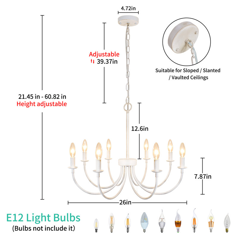 Lustre classique / traditionnel à 8 lumières à intensité variable Krustina, Blanc