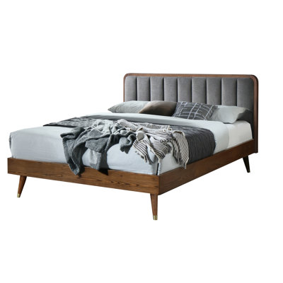 Queen Size Bed Frame With Mid - Century Aesthetic, Solid Wood Frame, Linen Upholstered, Easy Assembly Modern Bed: Rubberwood, Slat Support, Upholstered Comfort, To Assemble