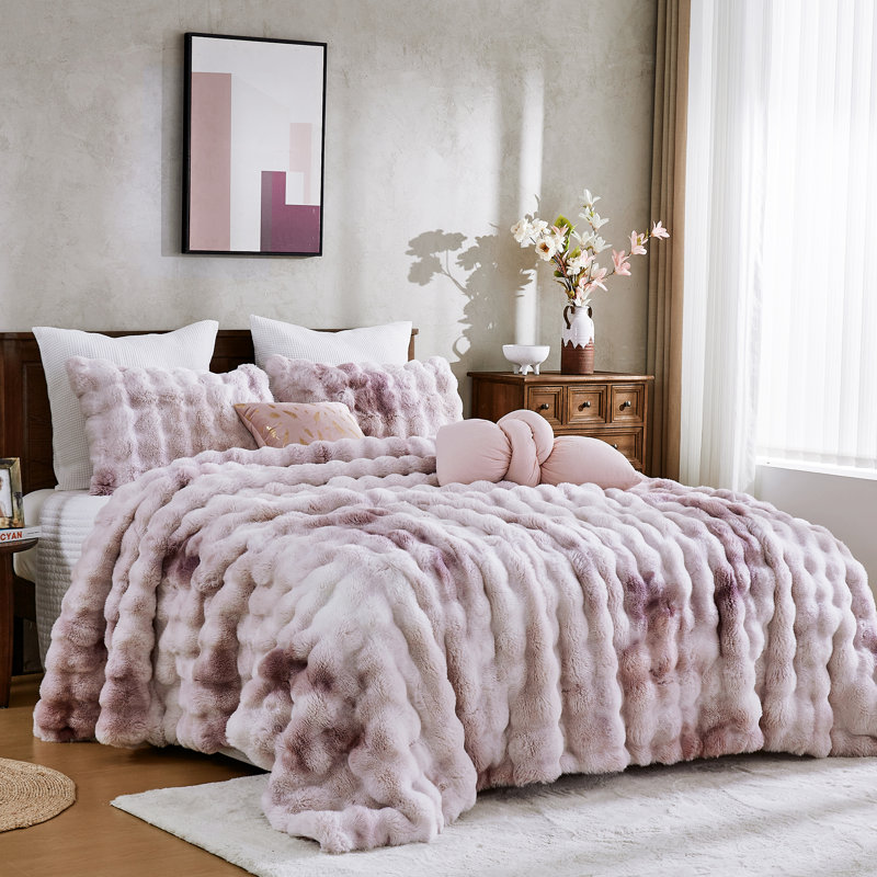 Merveilleux ensemble d'édredon luxueux à bulles Tie-Dye, Édredon pour grand lit + 2 taies décoratives, Mauve