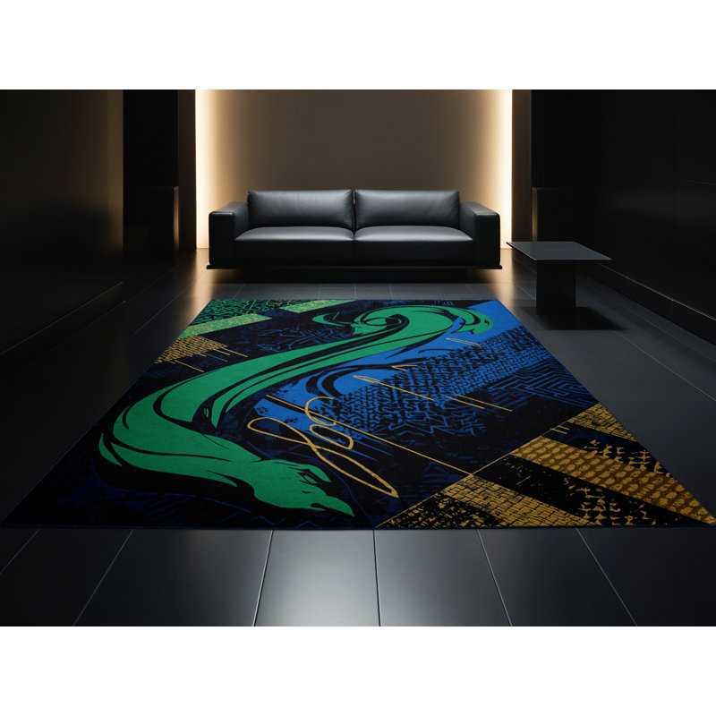 Tapis bleu moelleux moelleux à motif abstrait Loki Eclectic, 4 x 2