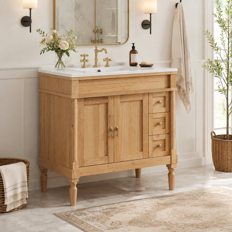 Meuble-lavabo 36 po avec lavabo en céramique, tablettes réglables, armoire de rangement moderne pour petites et moyennes salles de bain