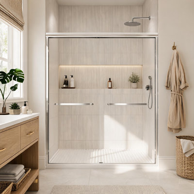 Porte de douche coulissante double à cadre chromé de 50 à 54 pouces, en verre trempé transparent avec revêtement nano