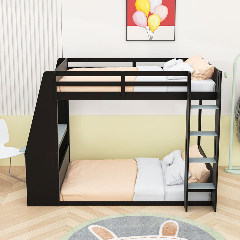 Lit superposé en bois avec bureau, tablettes, station de charge et éclairage DEL, Lit superposé double sur double, Noir gris