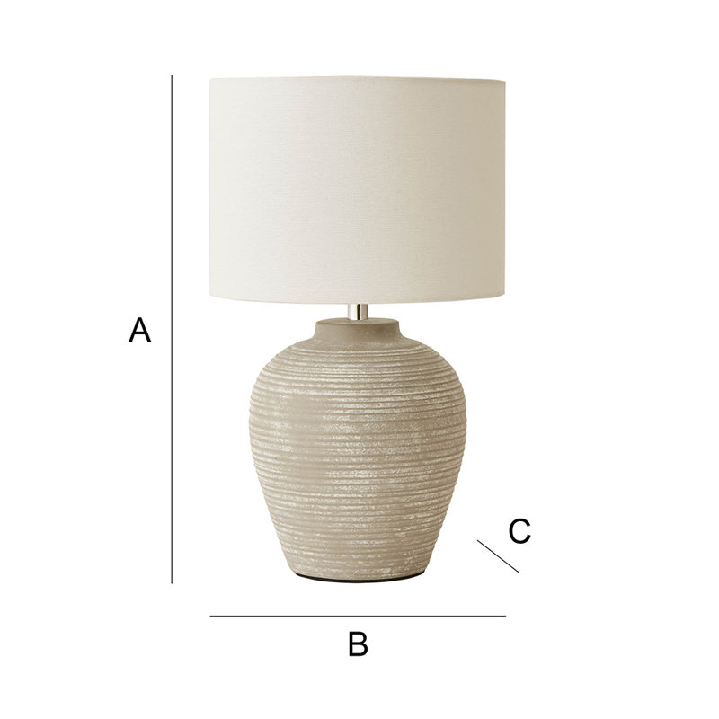 Takefumi Linen Drum Lamp Shade Stone Grey Ribbed Ceramic Small Table Lamp with Bulb, 37.5cm H x 22cm W x 22cm D