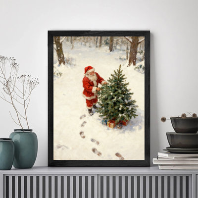Père Noël noir encadré noir se bat contre des arbres de Noël dans la neige, impressions sur toile de style rétro