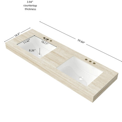 Comptoir en pierre frittée à motif de travertin (2 lavabos seulement) et 2 lavabos en céramique encastrés, chacun avec trois trous de robinet pré-percés standard, sans armoire, sans robinet ni couvercle d'évier