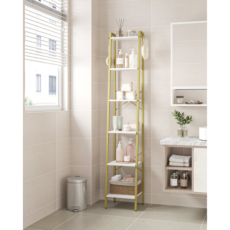 Ladder Shelf, Bookshelf Bookcase, Freestanding Corner Storage Shelve with 2 Hooks for Home Office, Living Room, Kitchen, Bedroom, Industrial