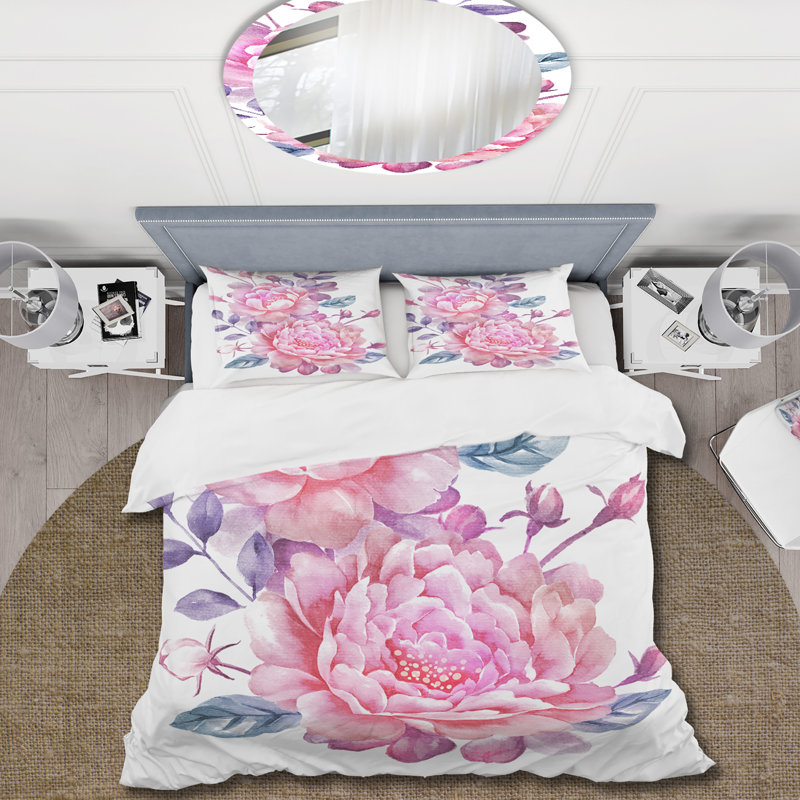 Fleurs roses rétro avec feuilles bleues - ensemble de housse de couette traditionnel - microfibre de polyester