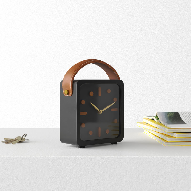 Analog Metal Quartz Tabletop Clock in Black, 8.45" H x 6.85" W x 2.75" D