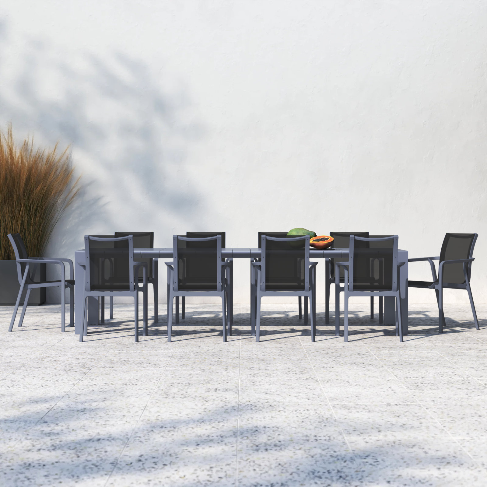 Farrah 118" Patio Dining Set, Dark Gray/Black