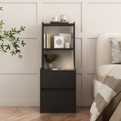 Nightstand With Charging Station, Smart Nightstand With Night Light, Modern Night Stand With Bookshelf, Bedside Tables With Storage Cabinet For Bedroom