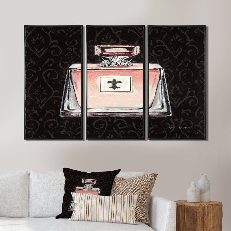 Glam & Fashion Parfum Boudoir I - Ensemble d'art mural sur toile traditionnel encadré de 3, H 28 po x l 36 po x P 1 po, Noir