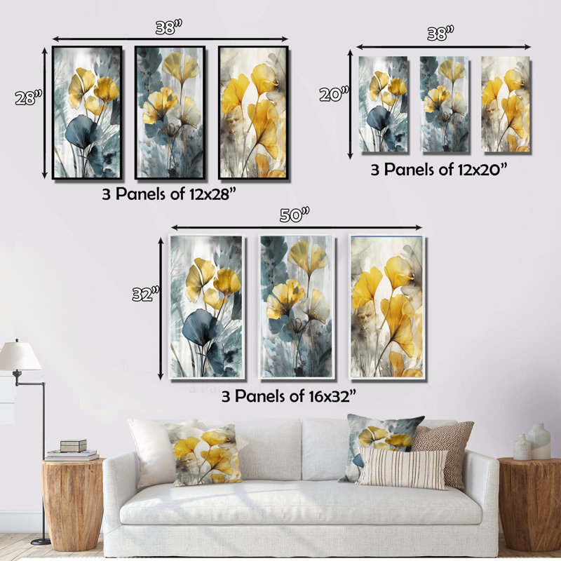 «Palm Tropical Ginkgo Artwork», 3 pièces, Cadre flottant blanc, H 32 po x l 48 po