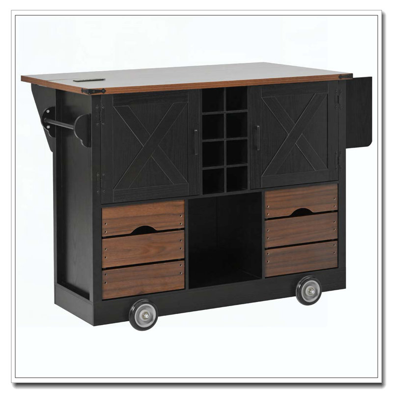 54" Farmhouse Kitchen Island With Drop Leaf, Power Outlet, Kitchen Storage Cart With 2 Doors, 2 Drawers, Rolling Kitchen Island On 4 Large Wheels With Spice Rack For Kitchen, Dining Room