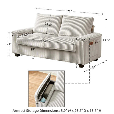 71" Modern Sofa with Plush Corduroy Upholstery, Square Storage Armrests & Built-in USB Port, 2-Seater Couch with High-Resilience Foam Cushions and Solid Wood Frame