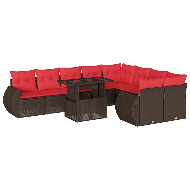 10 Piece Patio Sofa Set With Cushions Poly Rattan, Red, Brown