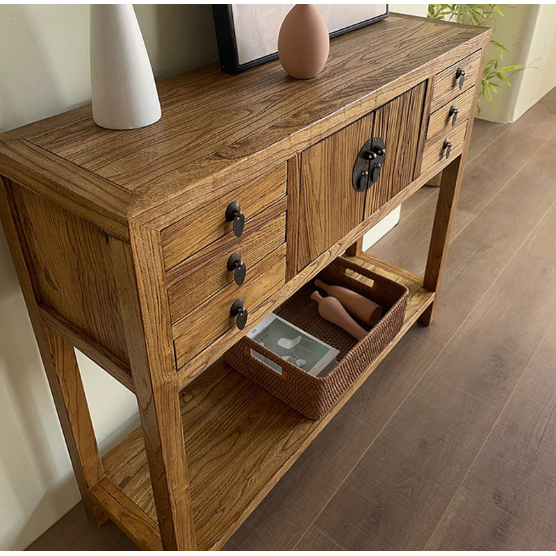 Console rustique en bois massif avec 6 tiroirs et rangement