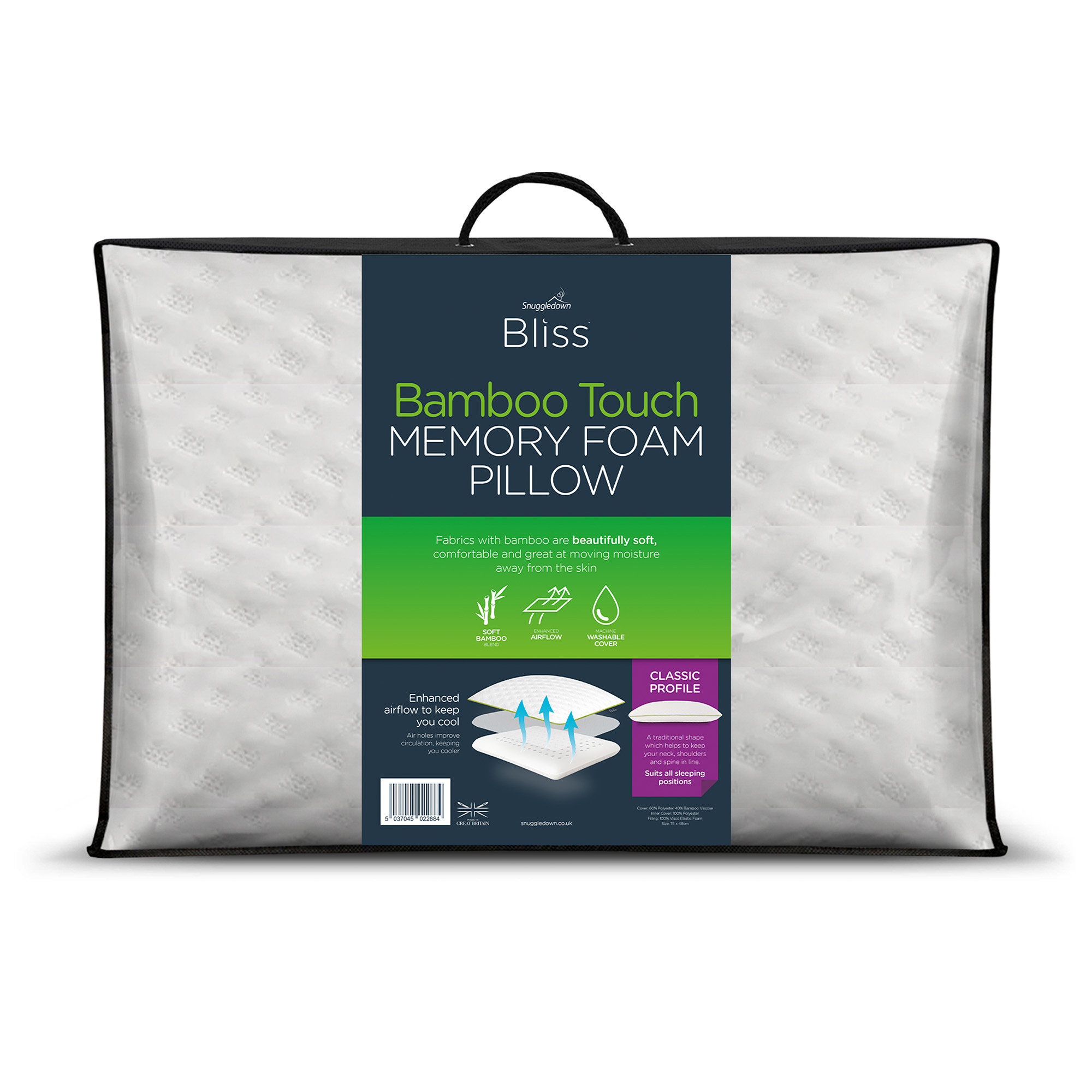 Snuggledown Blissful Bamboo Memory Foam Zipped Cover Pillow Machine Washable 74 x 48 cm Wayfair