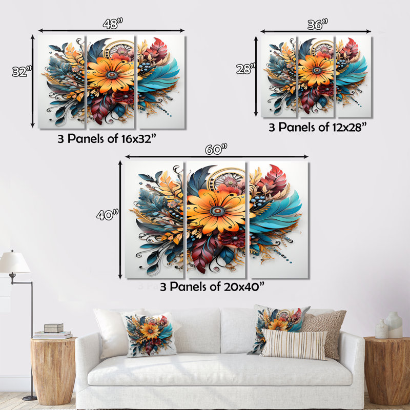 «Boho Flowers Bouquet In Blue and Amber Orange II», ensemble de reproductions d'art sur toile, H 28 po x l 36 po x P 1 po