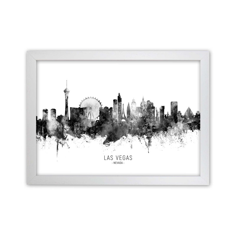 Las Vegas Nevada Skyline Black White City Name by Michael Tompsett - Print, 34cm H x 46cm W x 3cm D, White Framed