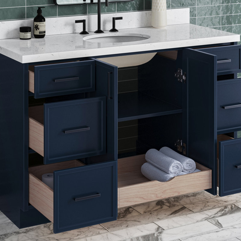 ARIEL Kelly 60 Single Sink Bathroom Vanity with Carrara Quartz Top, Midnight Blue, Rectangular , 54"