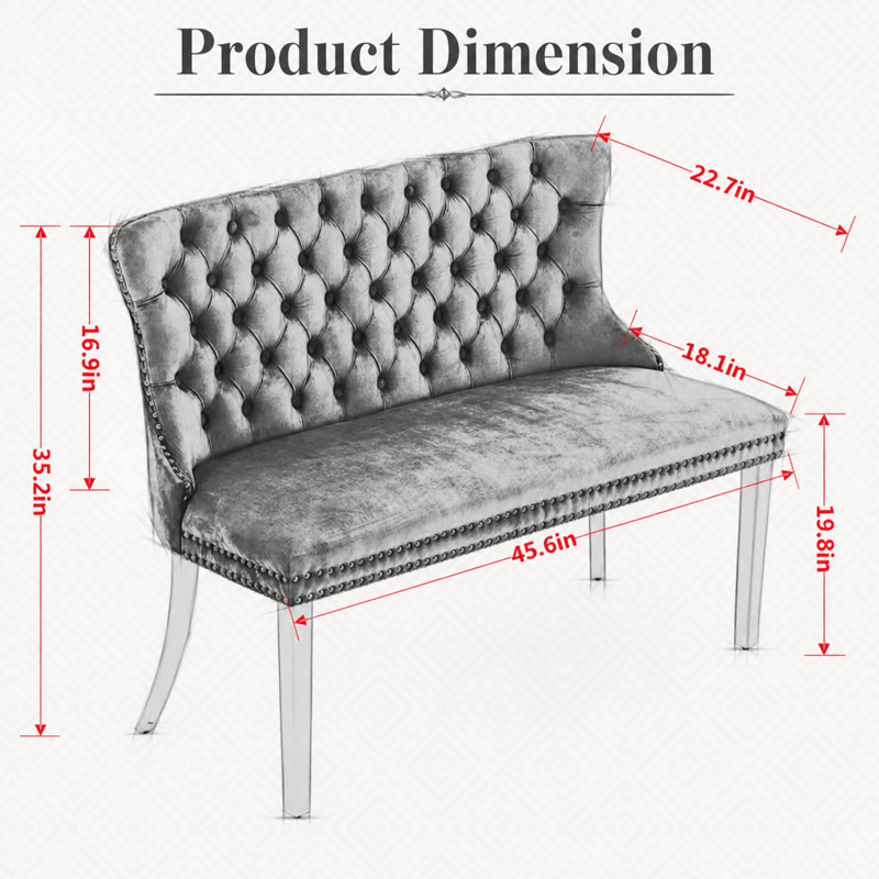 Velvet Upholstered Bench, Bleu, Doré