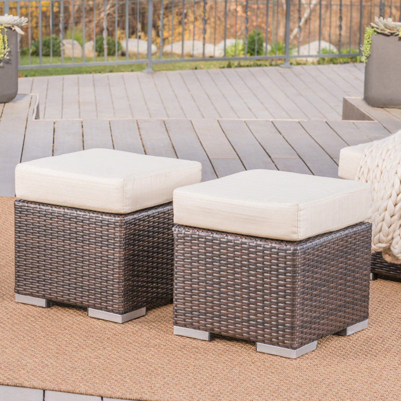 Jossif Resin (All Weather) Wicker/Rattan Outdoor Ottoman, Multibrown Frame/Beige Cushion