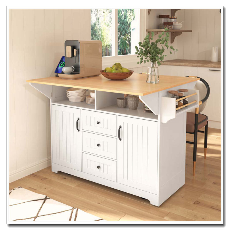55.7" Kitchen Island with 2 Drop Leaves & Power Outlet (Two Packages), White
