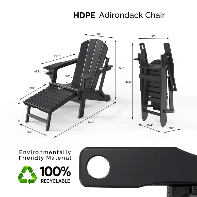 Patio HDPE Folding Adirondack Chair With Hidden Footrests, Black
