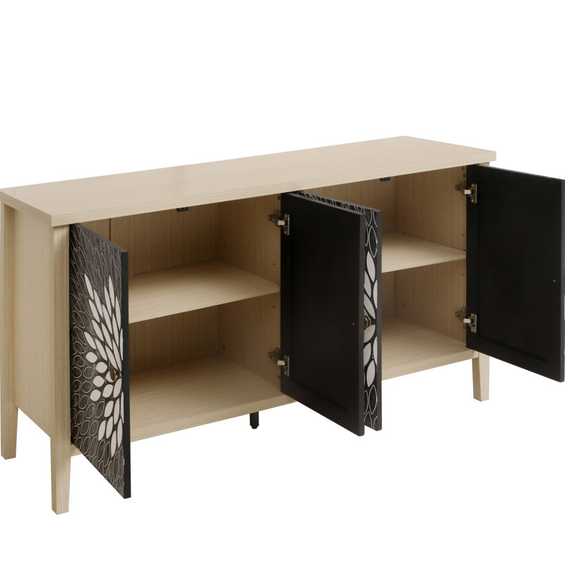 Buffet à quatre portes avec tablettes réglables pour le salon, la salle à manger, la cuisine et les entrées. Avec cadre en grain de bois classique, sculpture de porte d'armoire créative, dispositif de basculement, armoire fabriquée,