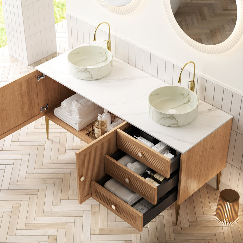 60" Bathroom Vanity With Two Stone - White Ceramic Basins, 3 Drawers, 2 Soft Close Doors, Oak , High Strength Plywood, Practical Design Modern Round Pattern, Finish, Pre Assembled, Water