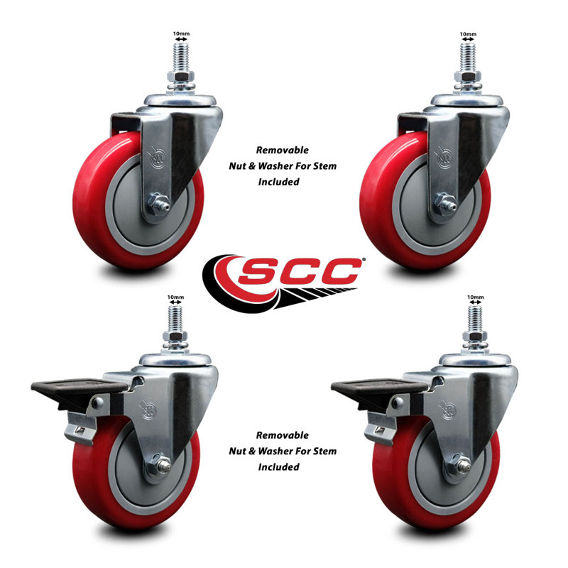 4 Inch_Polyurethane 10MM Threaded Stem Caster Set 2 Brakes SCC, Red
