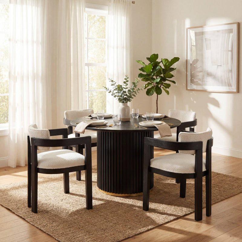 Kushnir 5-Piece Round Pedestal Dining Table Set With Boucle Upholstered Chairs