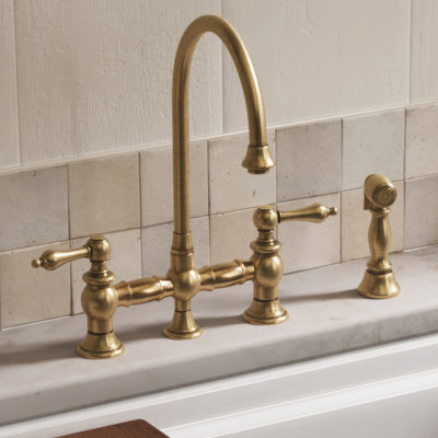 Whitehaus Collection Bridge Faucet with Long Gooseneck Swivel Spout, Lever Handles and Solid Brass Side Spray