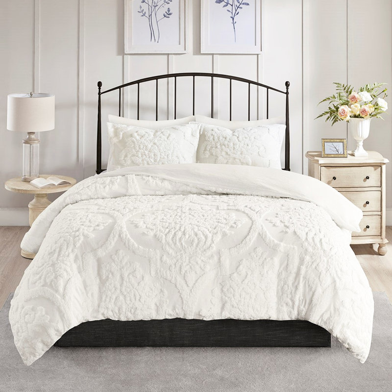 Housse de couette en chenille de coton 3 pièces très grand / très grand, blanc, 2 taies décoratives, fermeture à boutons, attaches de coin, lavable à la machine, look sophistiqué, conception, literie intérieure douce