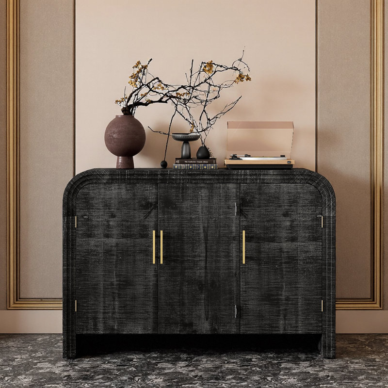 47" Curved Retro Sideboard – Antique Black, Handles, Adjustable Shelves, Black