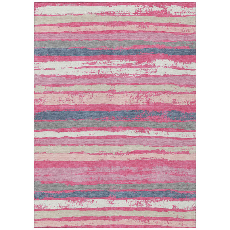 3' X 5' Pink Gray And Green Striped Washable Indoor Outdoor Area Rug