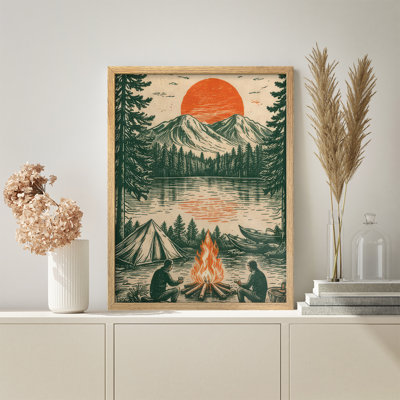 Retro Mountain Camping Scene Framed Wall Art Prints - Outdoor Nature Decor for Living Room Cabin