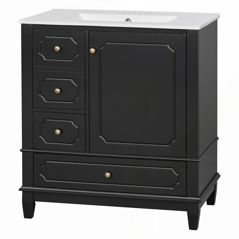 30 Inch Freestanding Bathroom Vanity with Ceramic Sink, Solid Wood Frame, Soft-Close Doors, and Multiple Storage Options