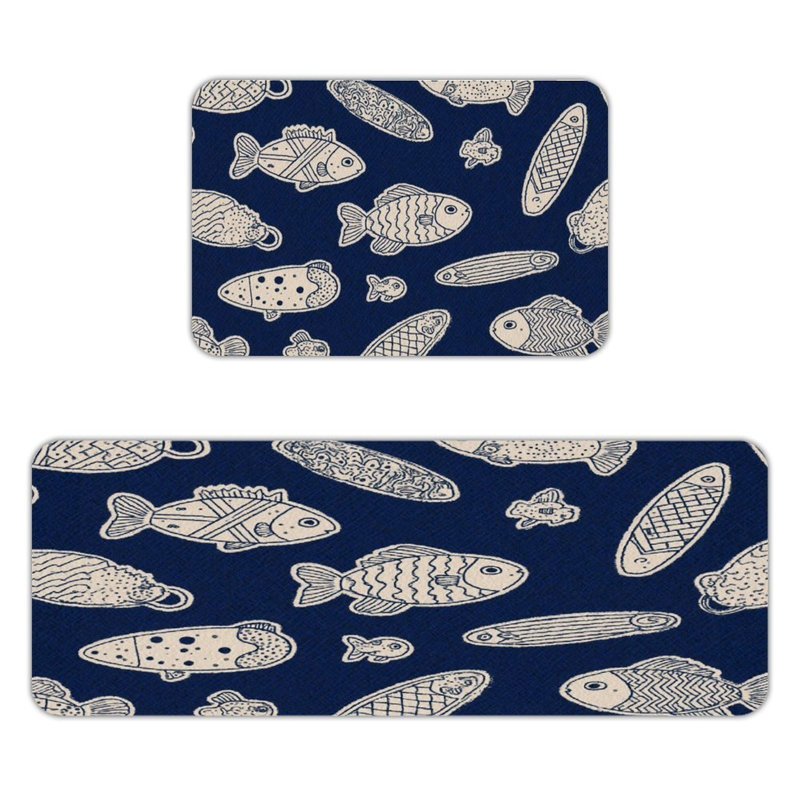 Tapis de cuisine antidérapant 2 pièces, Imprimé animal bleu marine / blanc