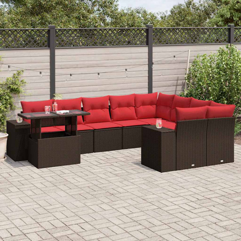 Ensemble de canapé de patio 10 pièces avec coussins en rotin de polyester, Rouge, Brun