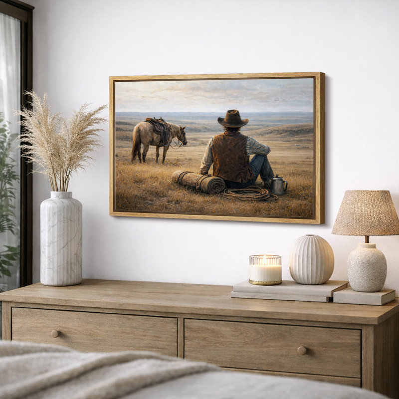 Cowboy et cheval, Cadre naturel, H 16 po x l 24 po x P 1,5 po