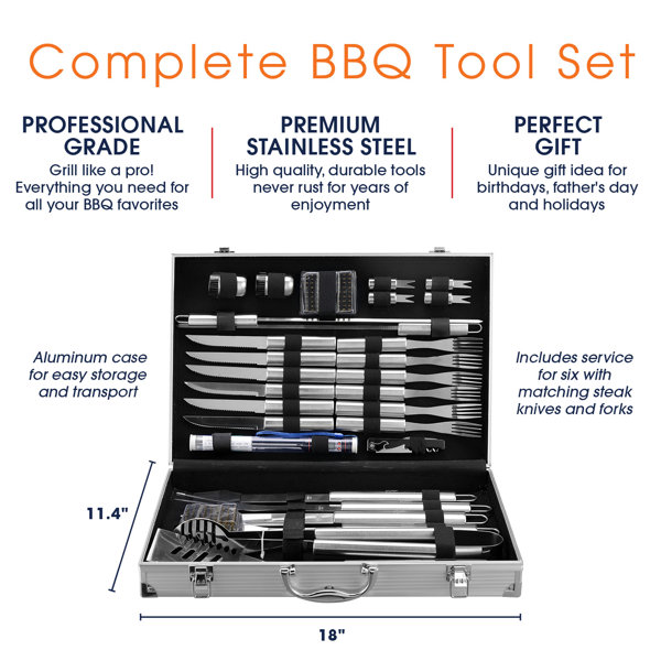 Wood BBQ Grill Tool Set- 18 Pc Stainless Steel Barbecue